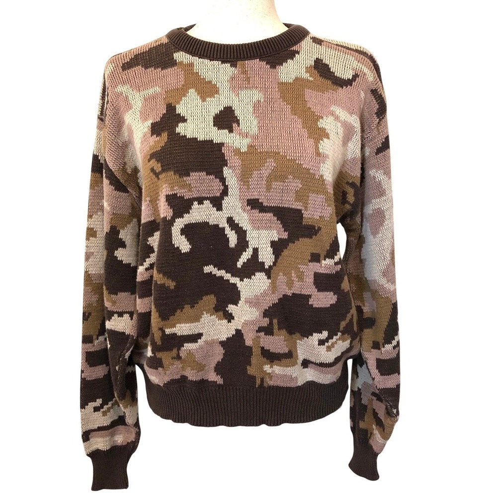 VTG 90s Black Duck‎ Camo Knit Sweater Brown Pink Distressed USA M Soft Grunge